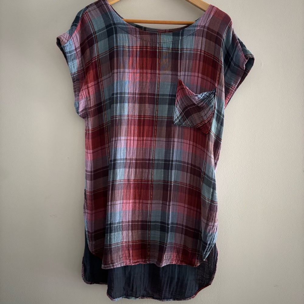Anthropologie Akemi & Kim Large Blue Red Gold‎ Plaid Tunic Cap Sleeve Lagenlook